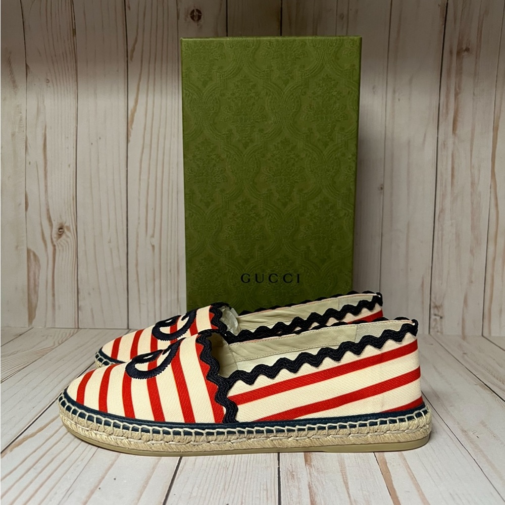 Gucci Interlocking G Striped Canvas Espadrille Flat Sz 40.5 / 10.5 - Picture 3 of 11